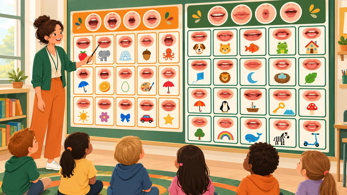A teacher pointing to a classroom sound wall of mouth and picture cards while children look on
