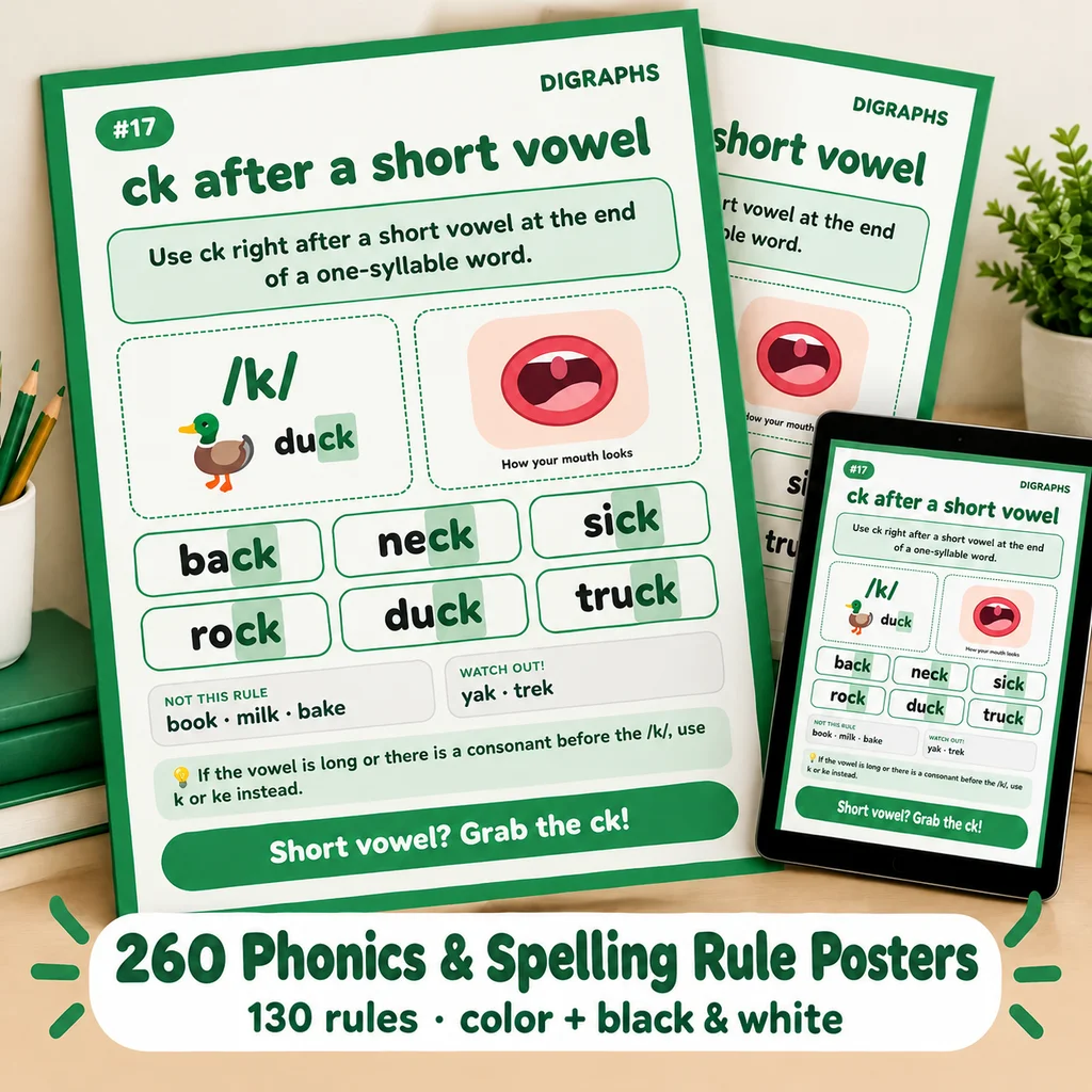 The 260 Phonics and Spelling Rule Posters set: color posters, a rule poster up close and a tablet
