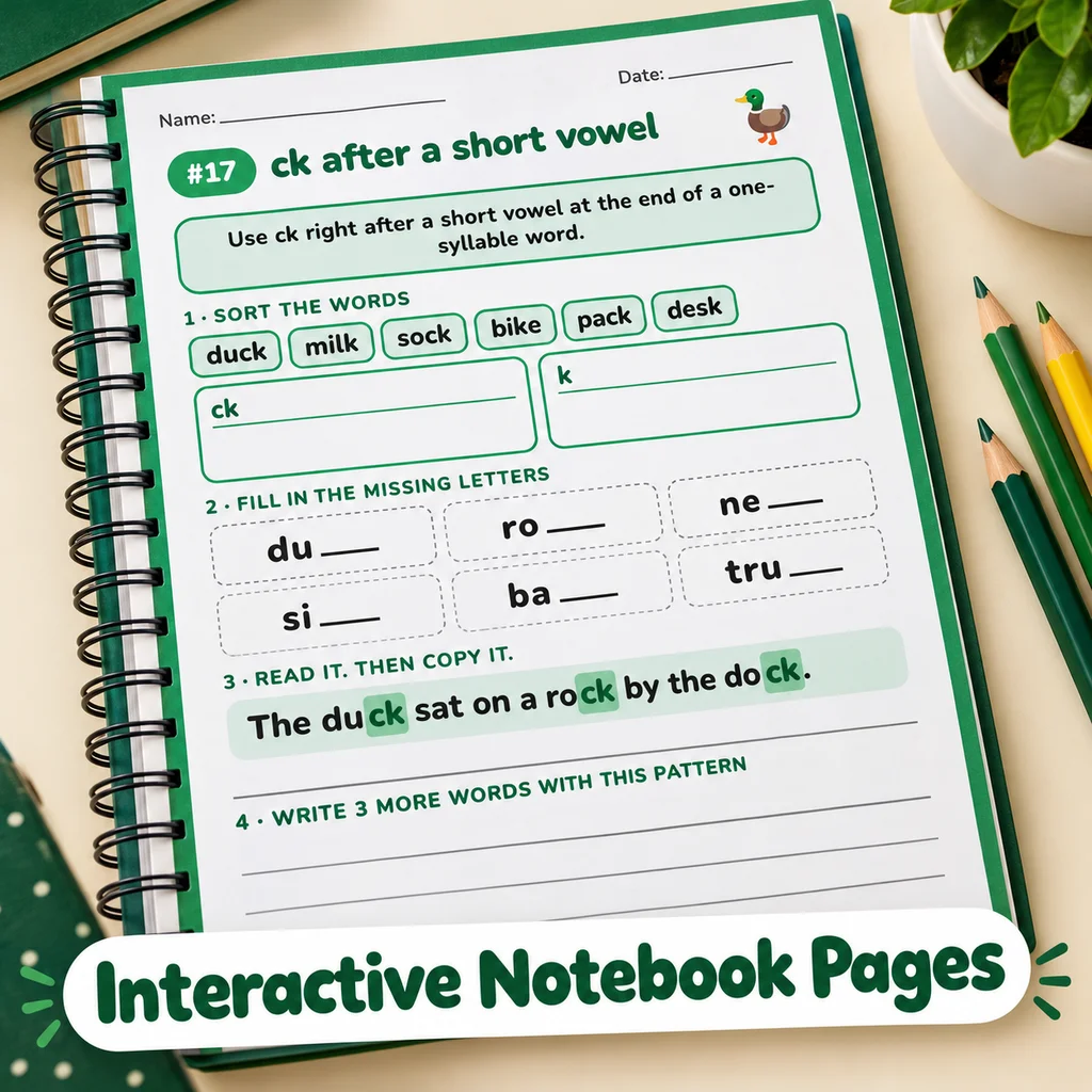 Interactive notebook page for one phonics rule, with a word sort, missing letters and a sentence to copy