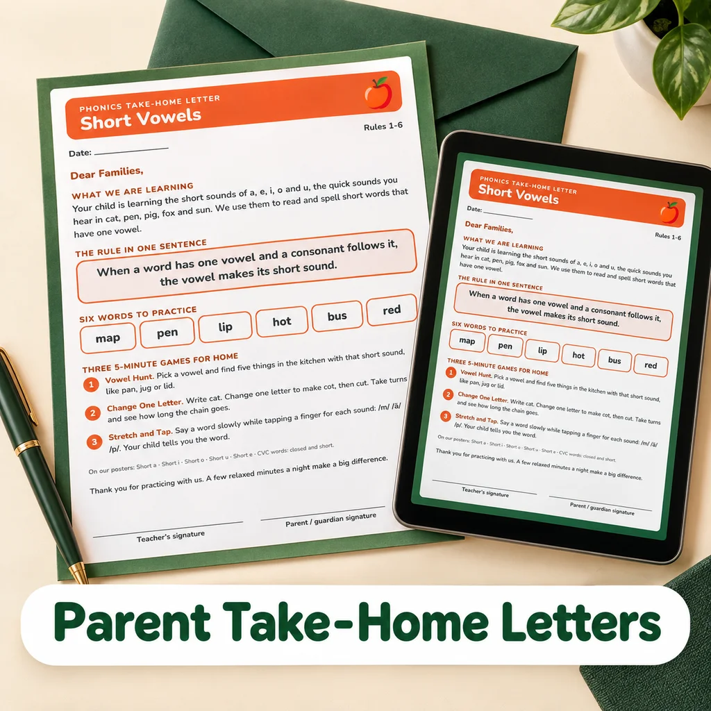 Parent take-home letters about short vowels, printed and shown on a tablet