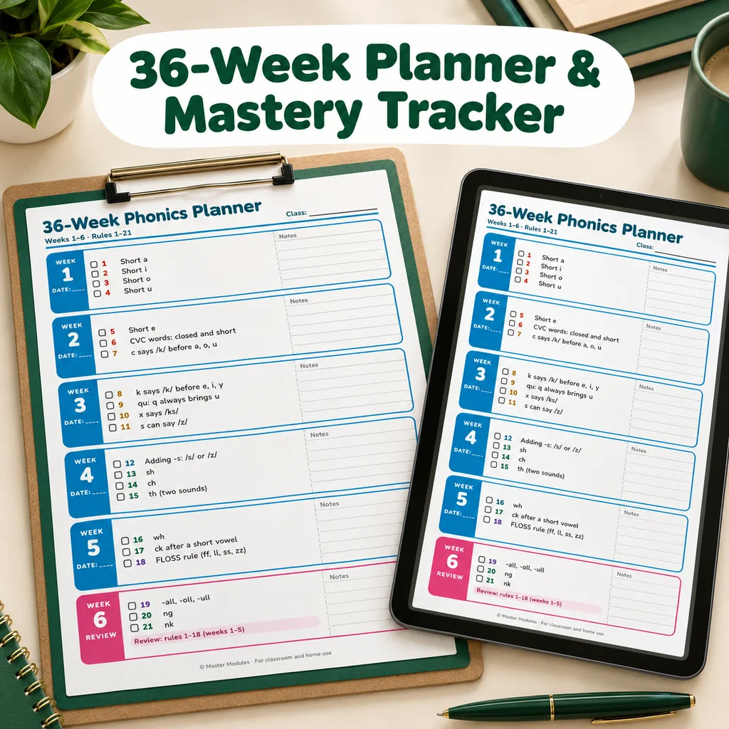 A 36-week phonics planner and mastery tracker shown on paper and on a tablet