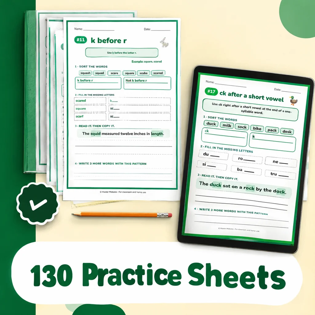 Printed phonics practice sheets with a word sort, missing letters and a sentence to copy, next to a tablet