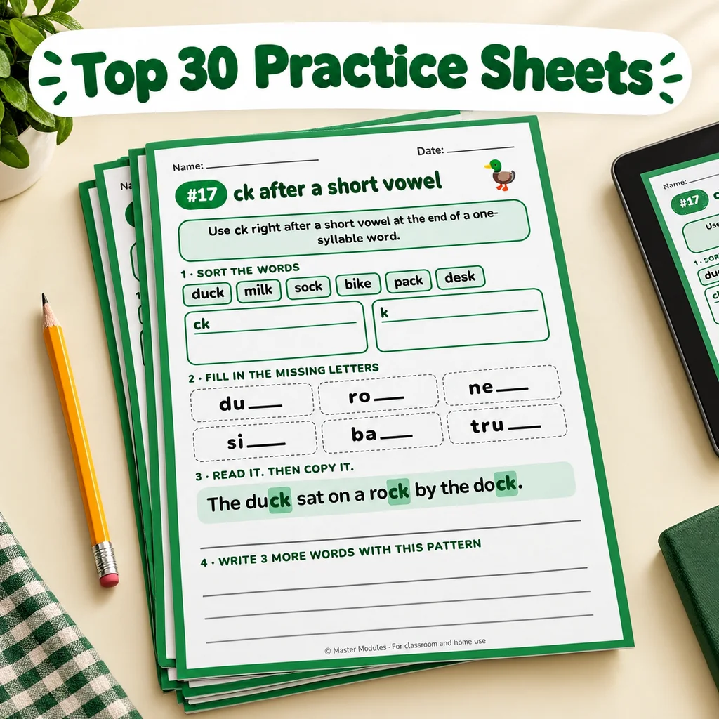 Top 30 phonics practice sheets with a pencil, each page built around one spelling rule