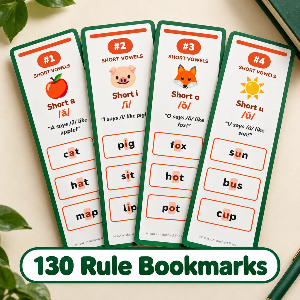 Phonics rule bookmarks for short vowels a, i, o and u, each with a picture, sound and word list