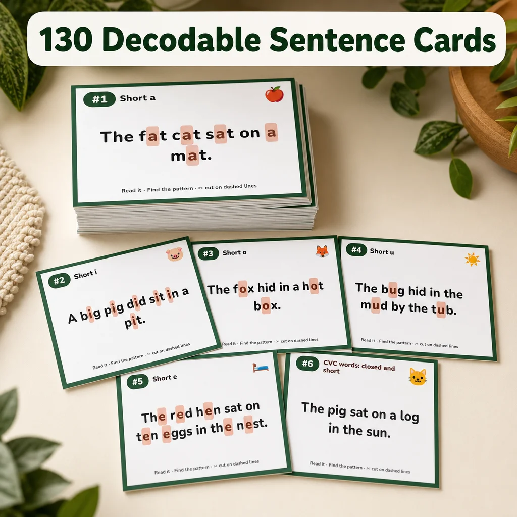 Decodable sentence cards, such as The fat cat sat on a mat, stacked and spread on a table