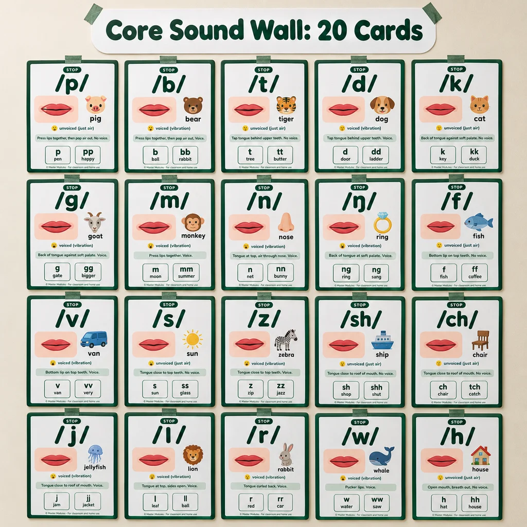 A core sound wall of 20 phonics cards, each with a mouth picture and a picture word