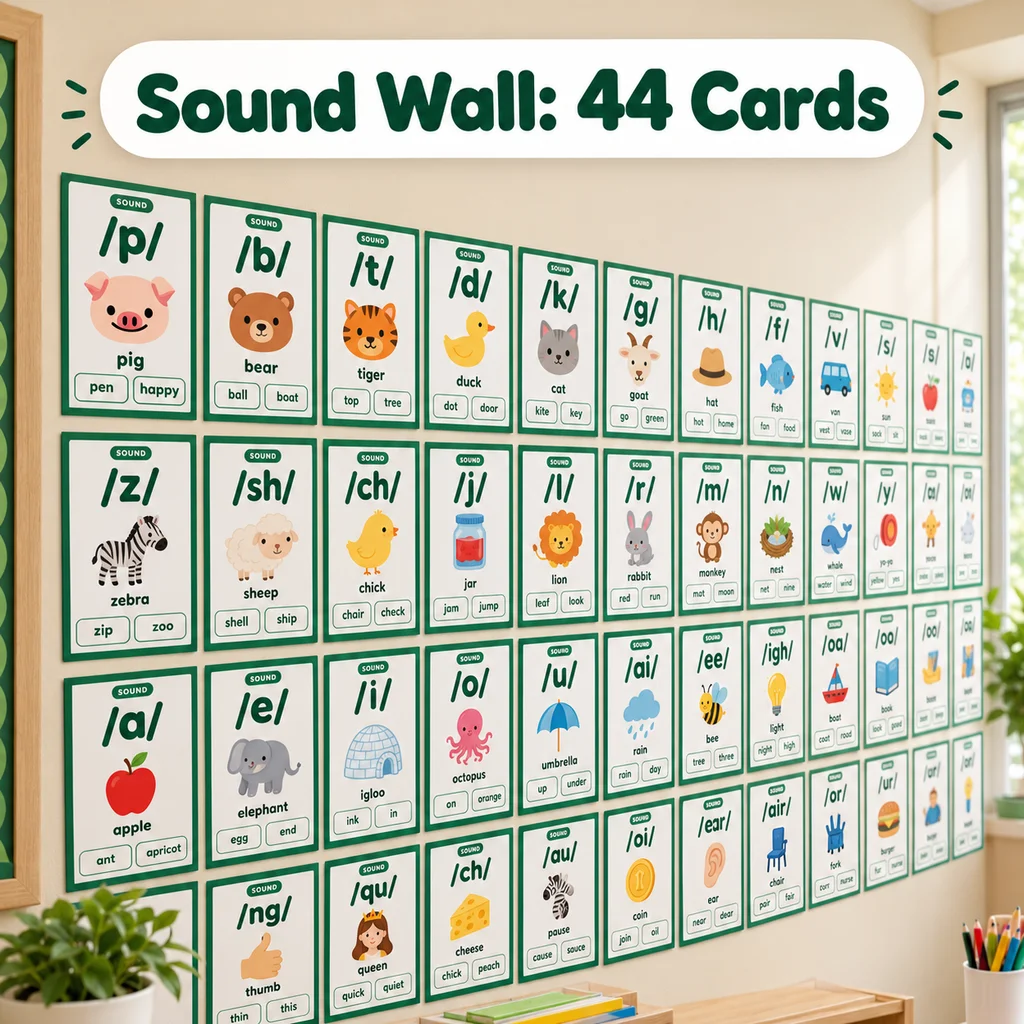 A classroom sound wall of 44 phonics cards, each with a sound, a mouth picture and a picture word