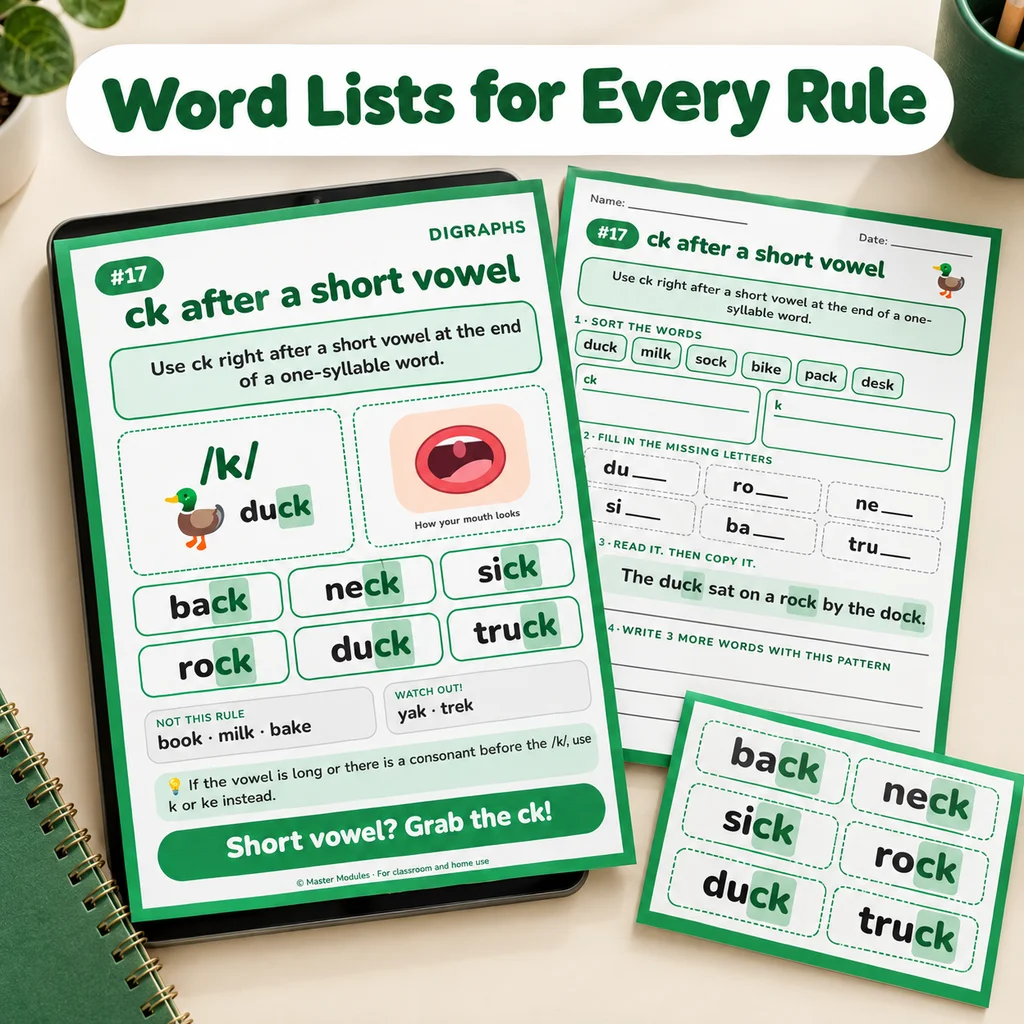 Phonics word lists for every rule, shown on printed pages and a tablet