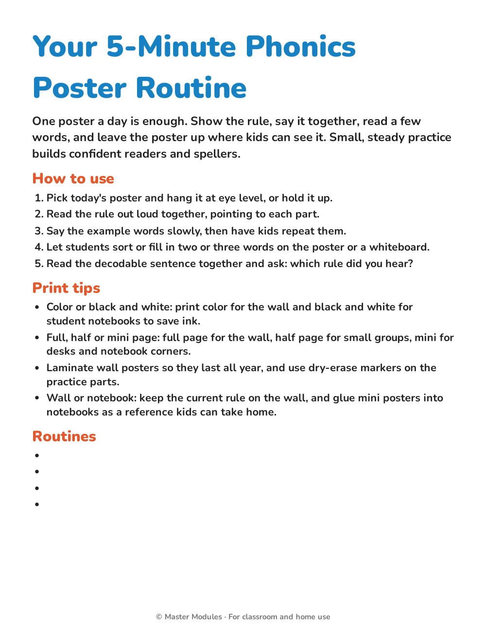 Teacher guide page describing a five-minute daily phonics poster routine, with steps and print tips